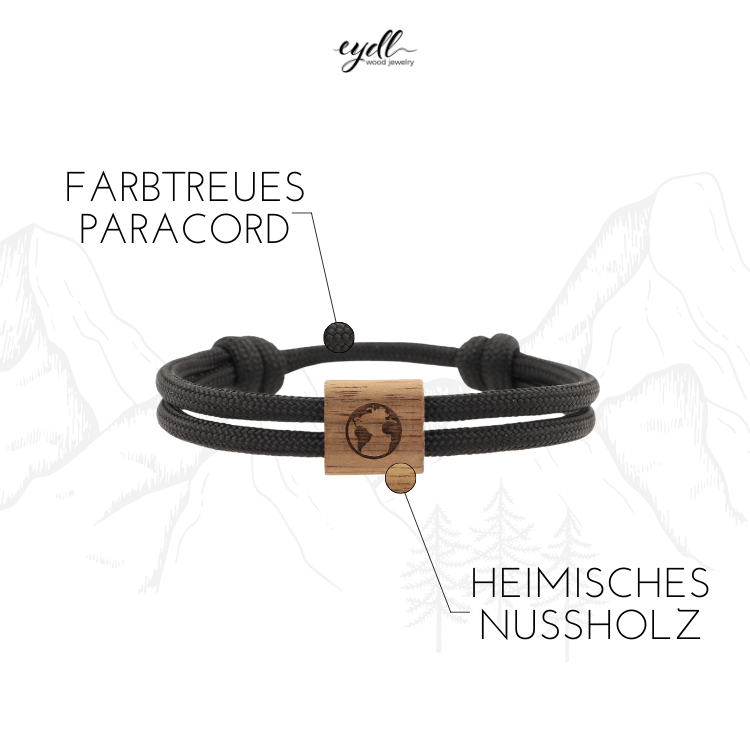 Armband Kona Weltkugel Holz Nuss Paracord Segeltau Band ocean Größe S, M, L mit Schiebeknoten USP