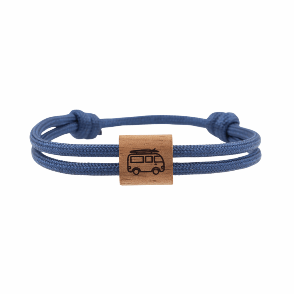 Armband Kona Camper Van Bulli Holz Nuss Paracord Segeltau Band dunkelblau Größe S, M, L mit Schiebeknoten