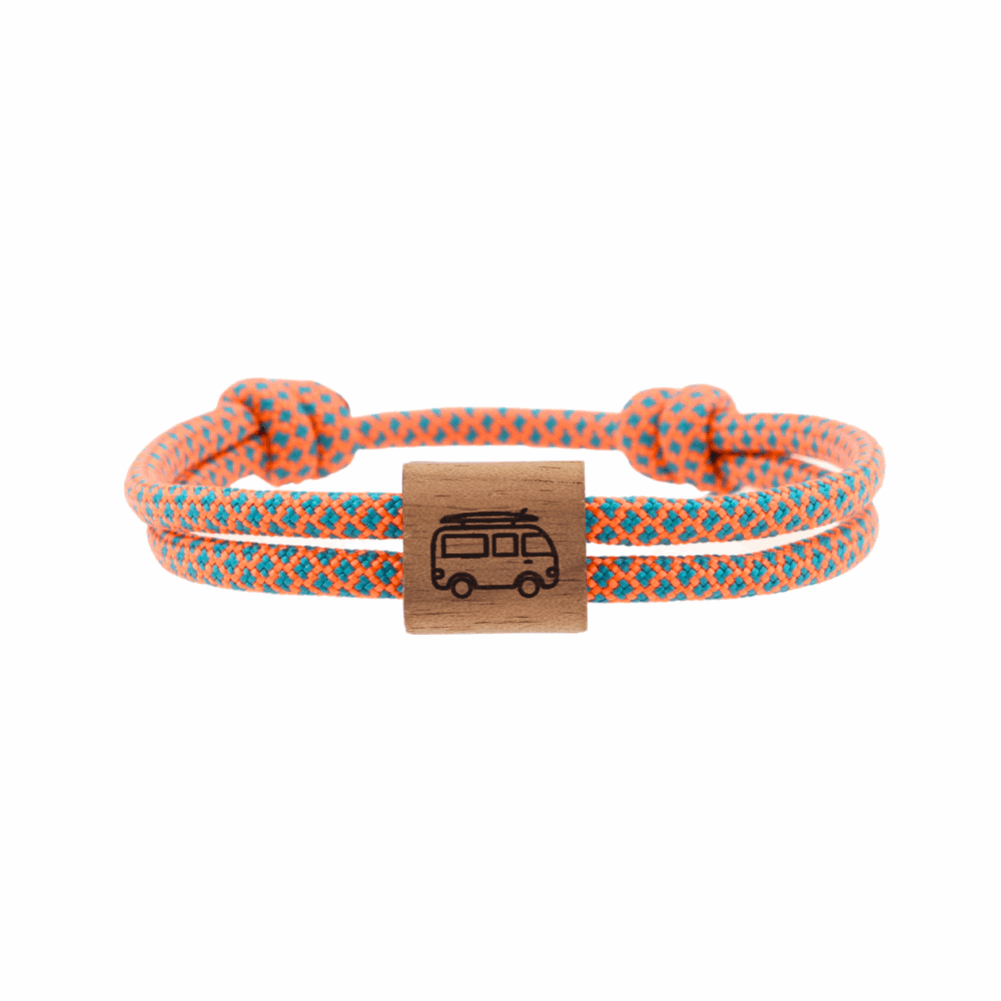 Armband Kona Camper Van Bulli Holz Nuss Paracord Segeltau Band lagoon Größe S, M, L mit Schiebeknoten