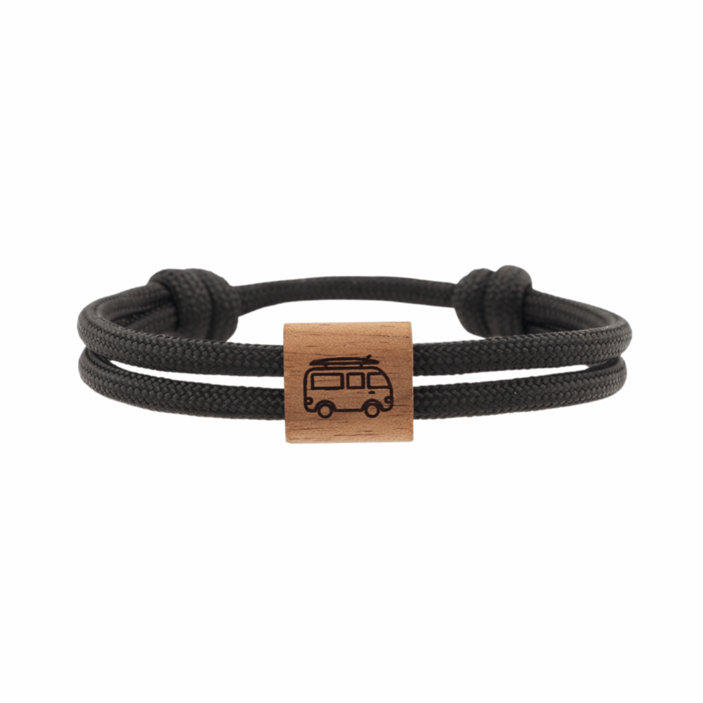 Armband Kona Camper Van Bulli Holz Nuss Paracord Segeltau Band schwarz Größe S, M, L mit Schiebeknoten