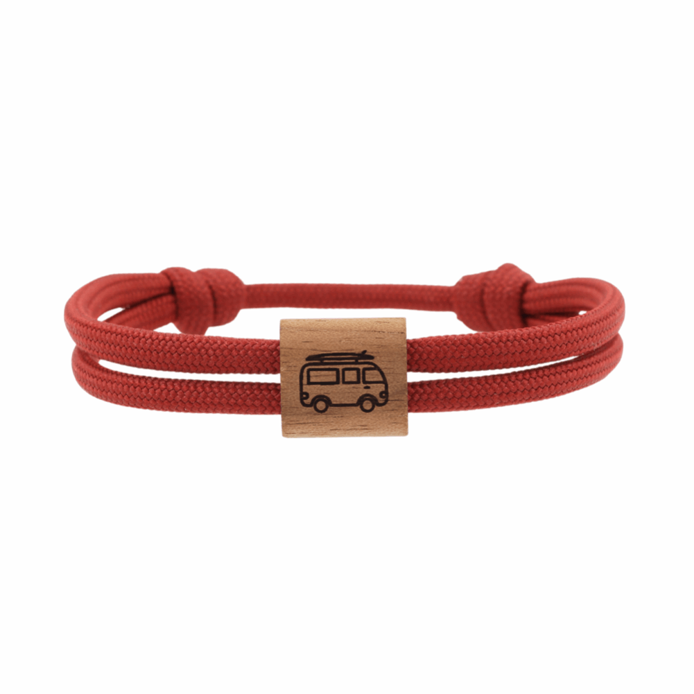 Armband Kona Camper Van Bulli Holz Nuss Paracord Segeltau Band weinrot Größe S, M, L mit Schiebeknoten