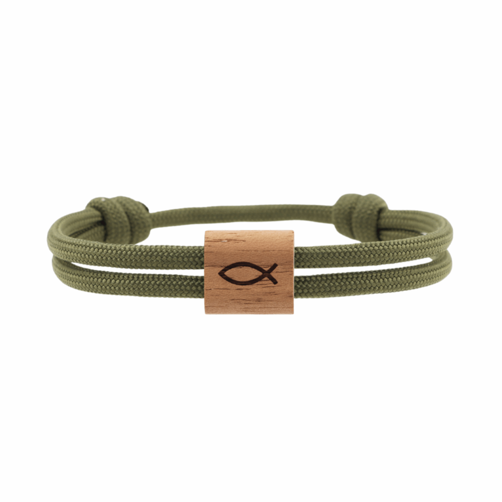 Armband Paracord Segeltau Kona Fisch, farbtreues Paracord olivgrün und heimisches Nussholz