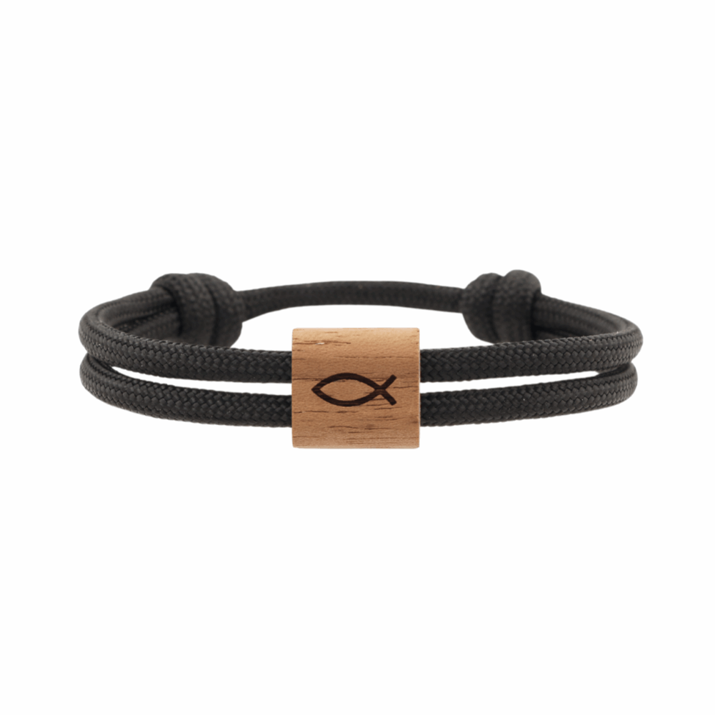 Armband Paracord Segeltau Kona Fisch, farbtreues Paracord schwarz und heimisches Nussholz
