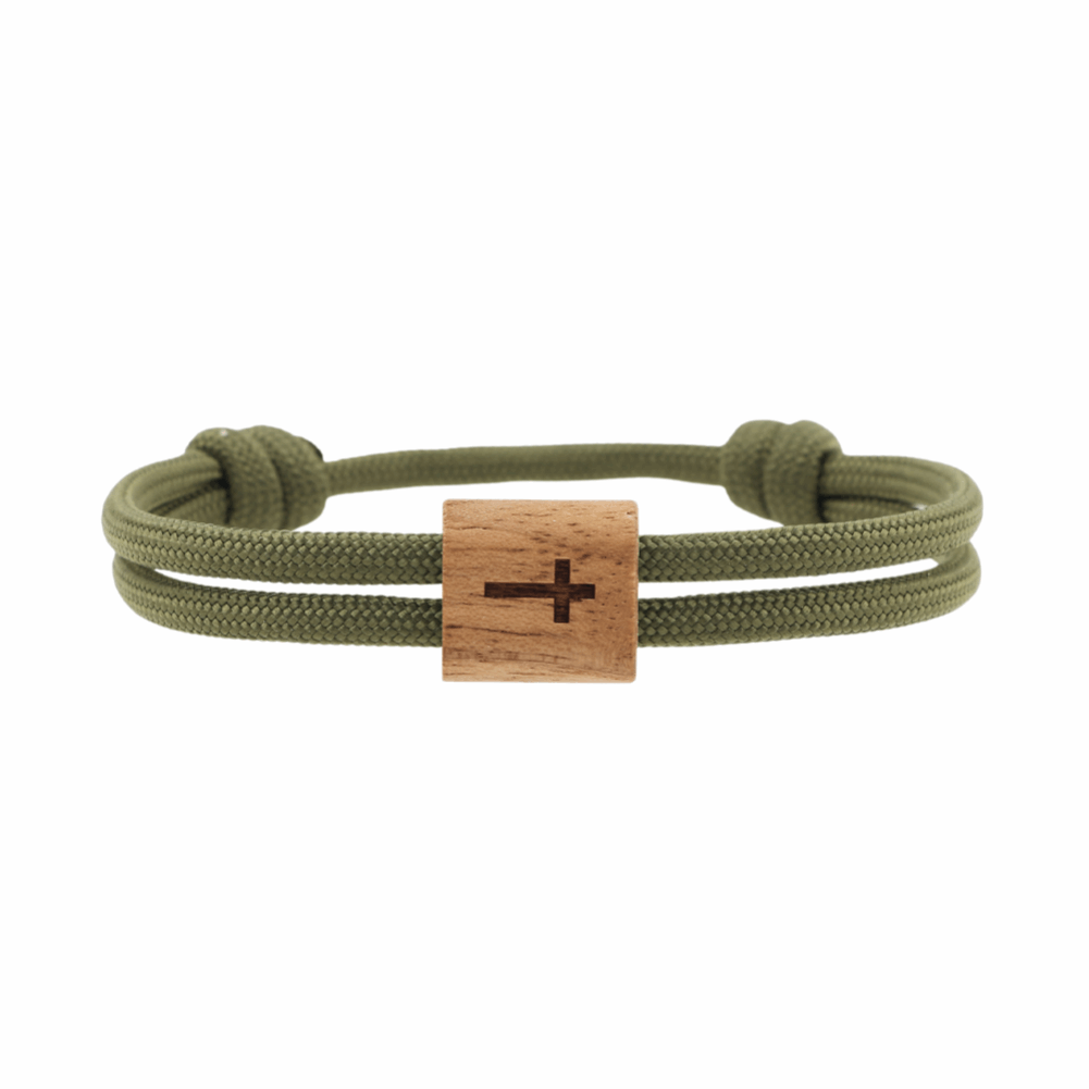 Armband Paracord Segeltau Kona Kreuz, farbtreues Paracord olivgrün und heimisches Nussholz