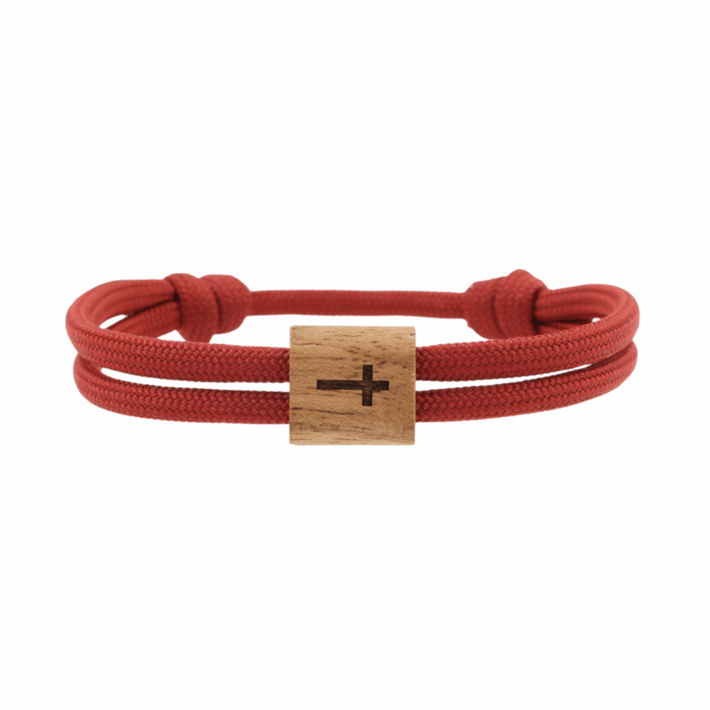 Armband Paracord Segeltau Kona Kreuz, farbtreues Paracord weinrot und heimisches Nussholz
