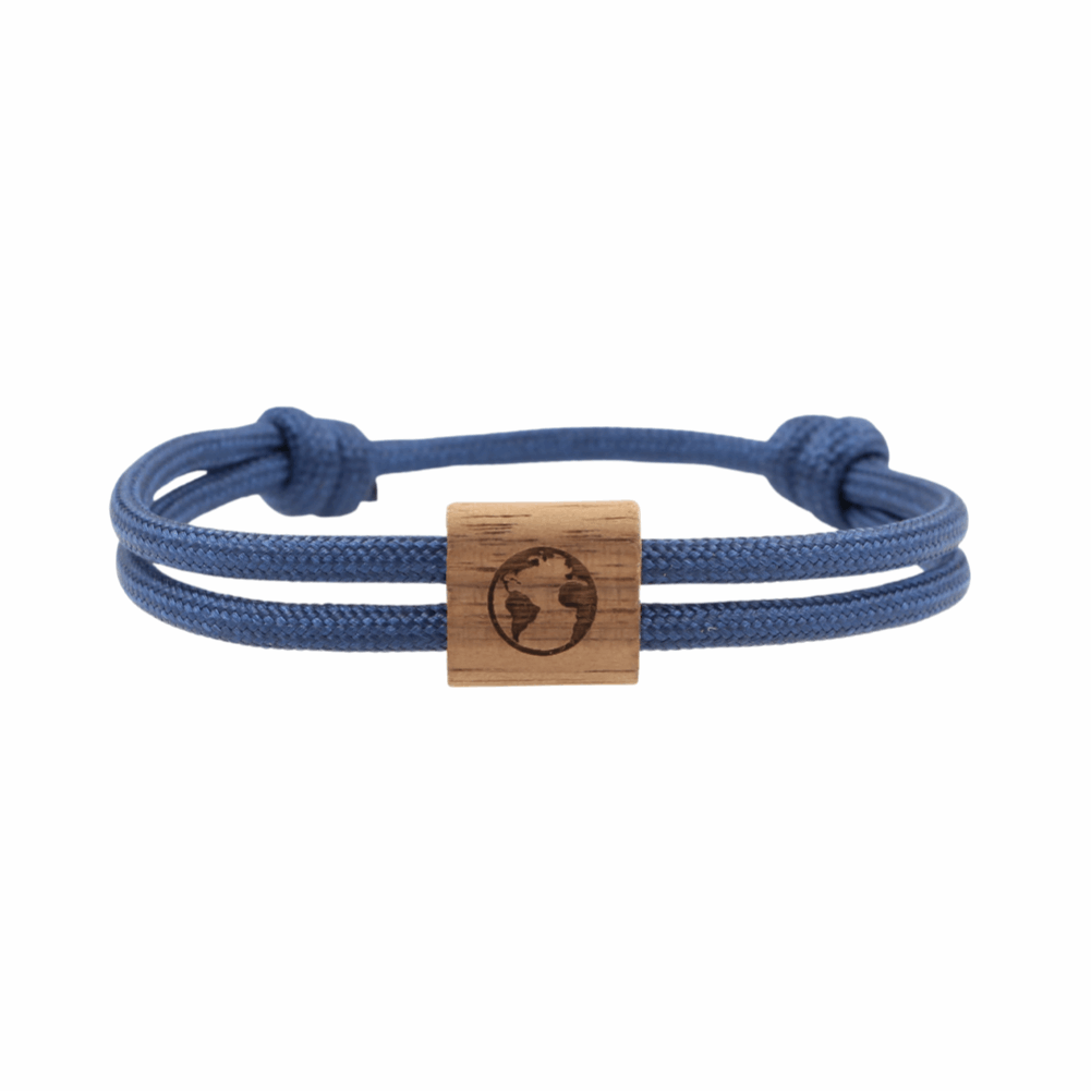 Armband Kona Weltkugel Holz Nuss Paracord Segeltau Band dunkelblau Größe S, M, L mit Schiebeknoten