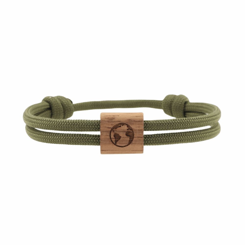 Armband Kona Weltkugel Holz Nuss Paracord Segeltau Band olivgrün Größe S, M, L mit Schiebeknoten
