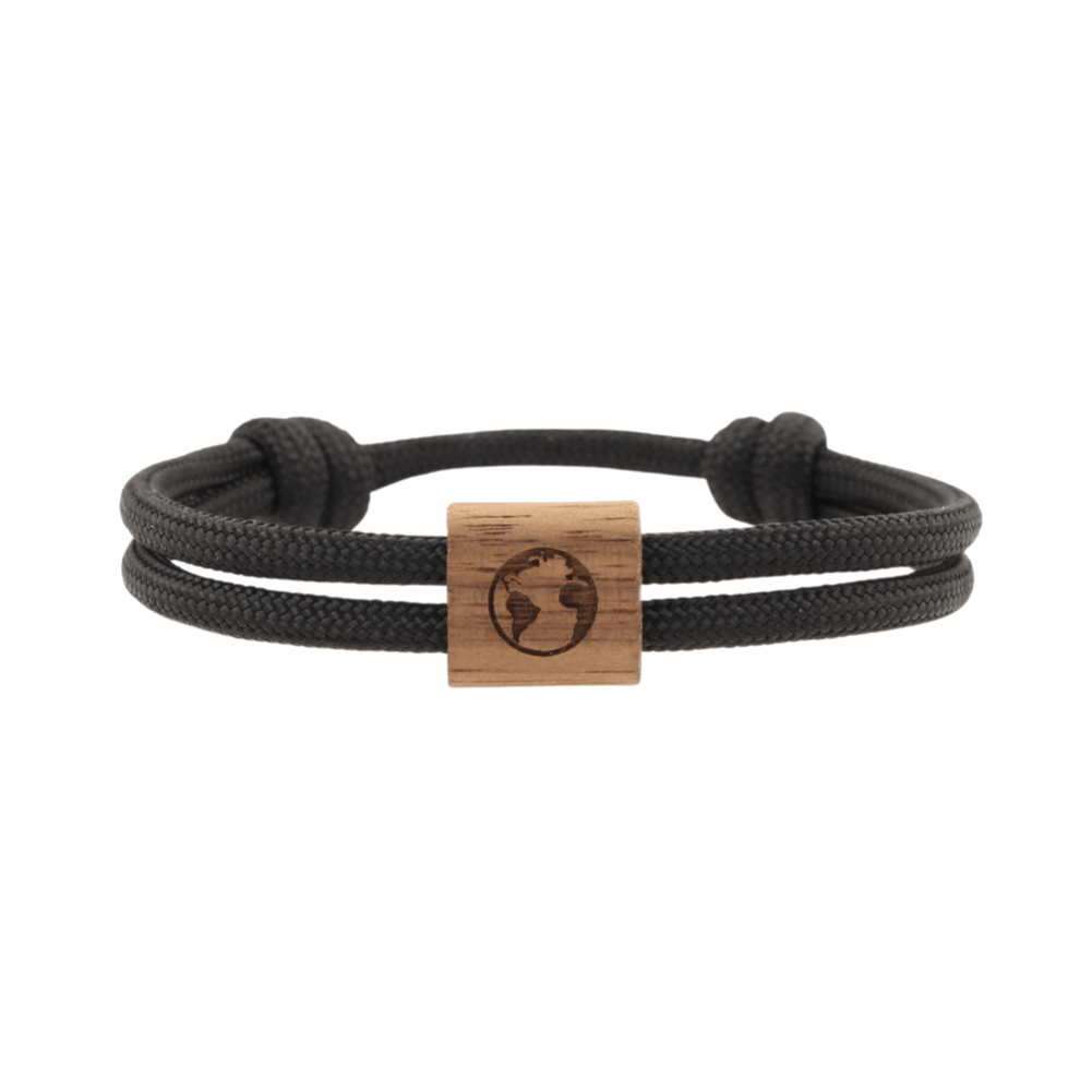 Armband Kona Weltkugel Holz Nuss Paracord Segeltau Band schwarz Größe S, M, L mit Schiebeknoten