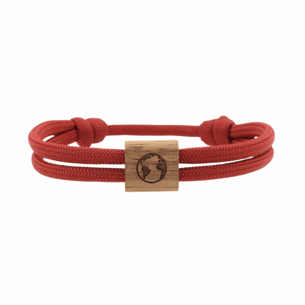 Armband Kona Weltkugel Holz Nuss Paracord Segeltau Band weinrot Größe S, M, L mit Schiebeknoten