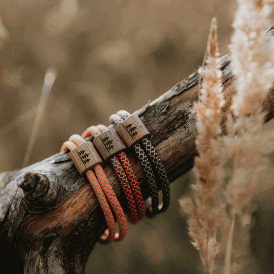 Armband Kona Bäume Holz Nuss Paracord Segeltau Band olivgrün Größe S, M, L mit Schiebeknoten am Baumstamm 3x