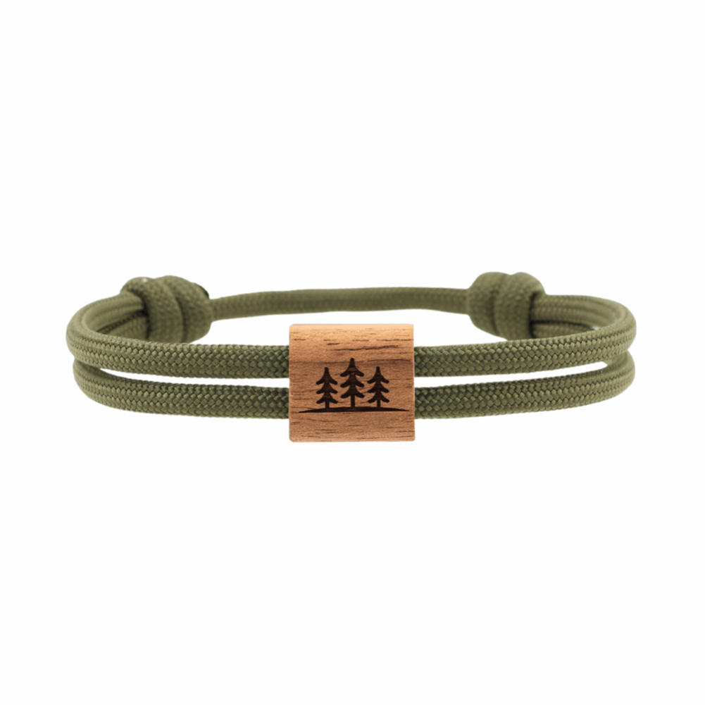 Armband Kona Bäume Holz Nuss Paracord Segeltau Band olivgrün Größe S, M, L mit Schiebeknoten