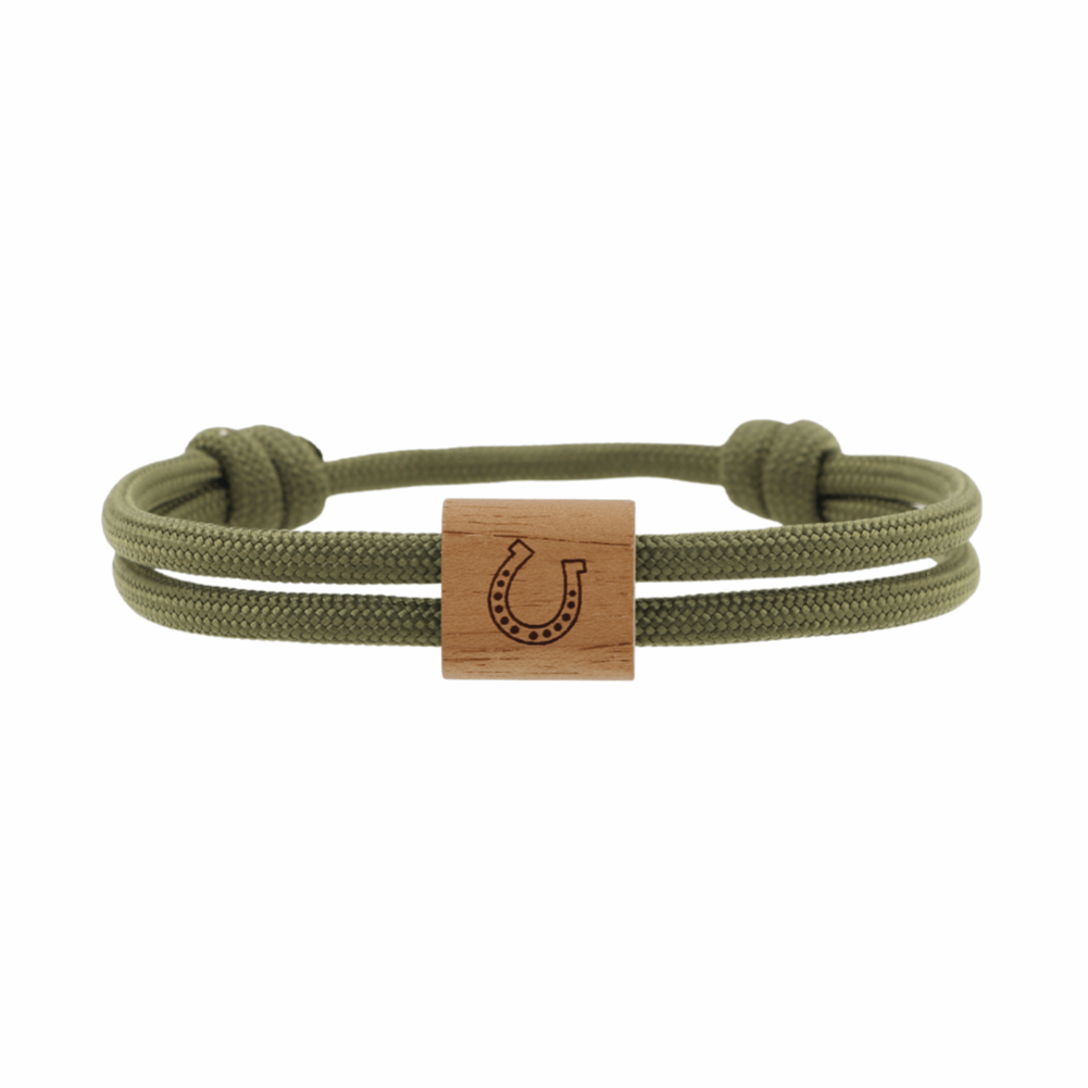 Armband Kona Hufeisen Holz Nuss Paracord Segeltau Band olivgrün Größe S, M, L mit Schiebeknoten